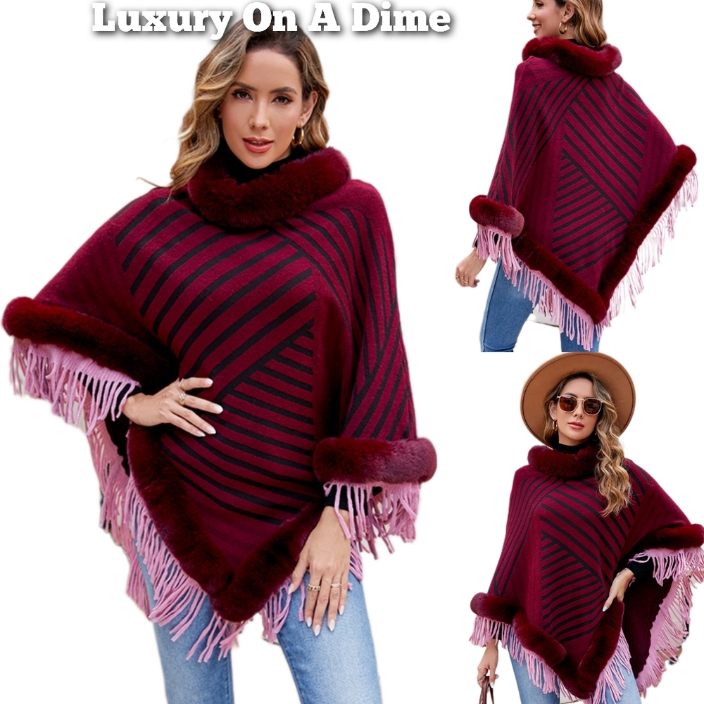 Plush Faux Fur Retro Fringe Stripe Pullover Oversized Warm Knit Poncho Cardigan - Picture 13 of 14